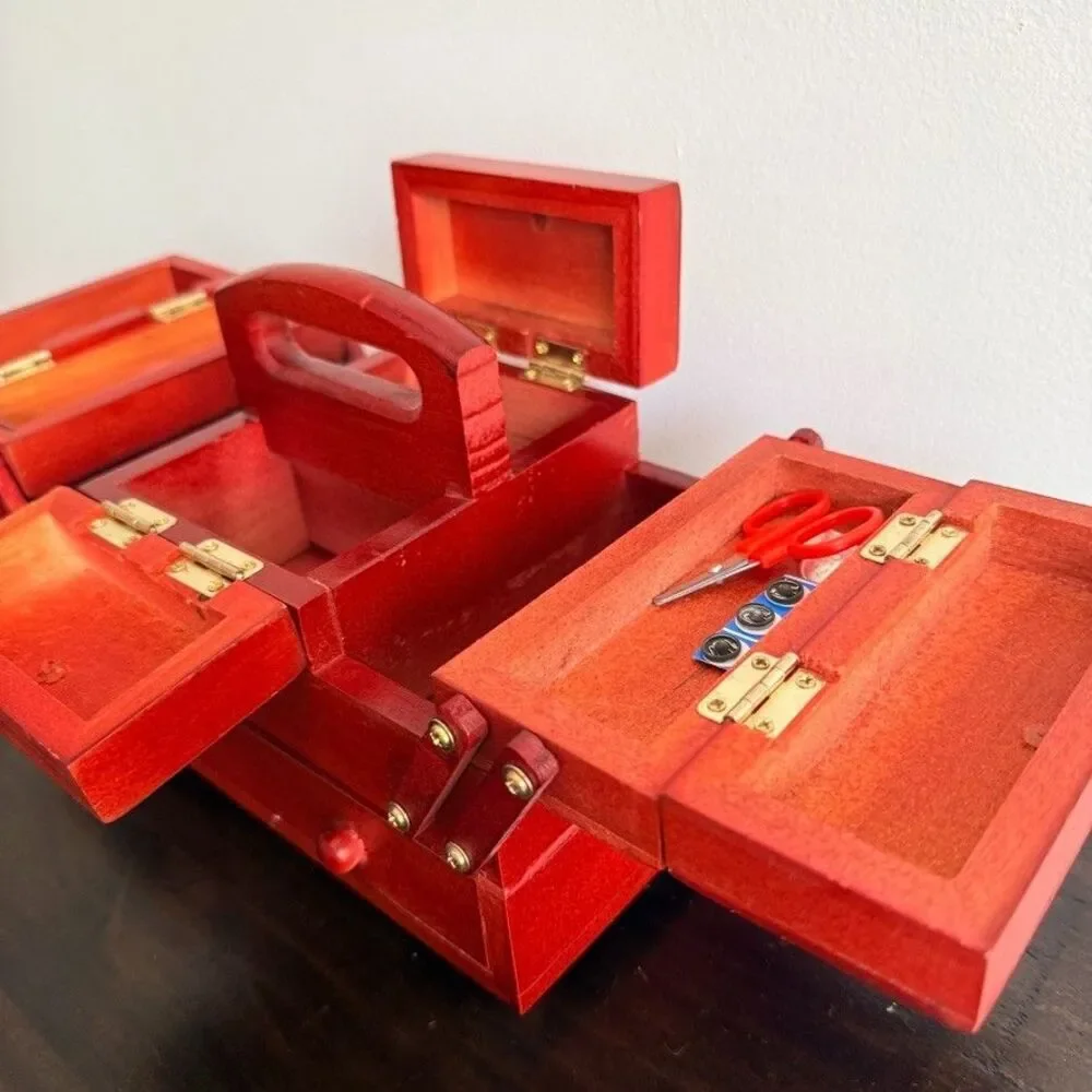 Vintage Red Wooden 2 Tier Cantilever/Accordion Sewing Kit w/feet includes thread